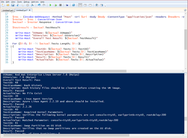 Screen example for calling the API in PowerShell with details of test results.