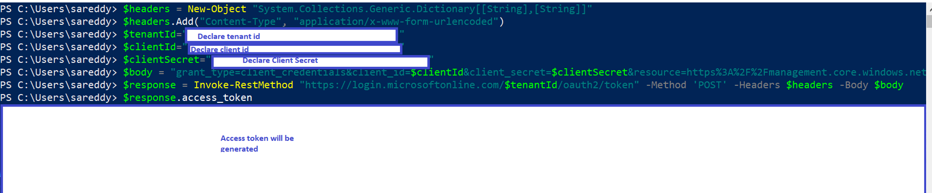 Shows a screen example for generating an access token in PowerShell.