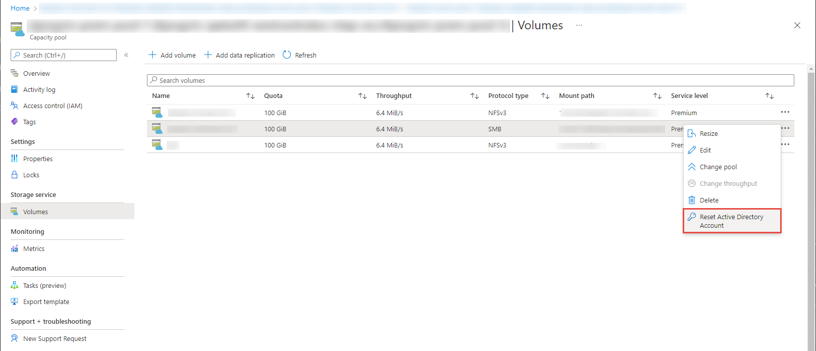 Azure volume list with the Reset Active Directory Account button highlighted.