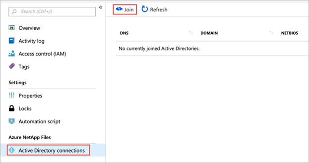 Screenshot showing the Active Directory connections menu. The join button is highlighted.