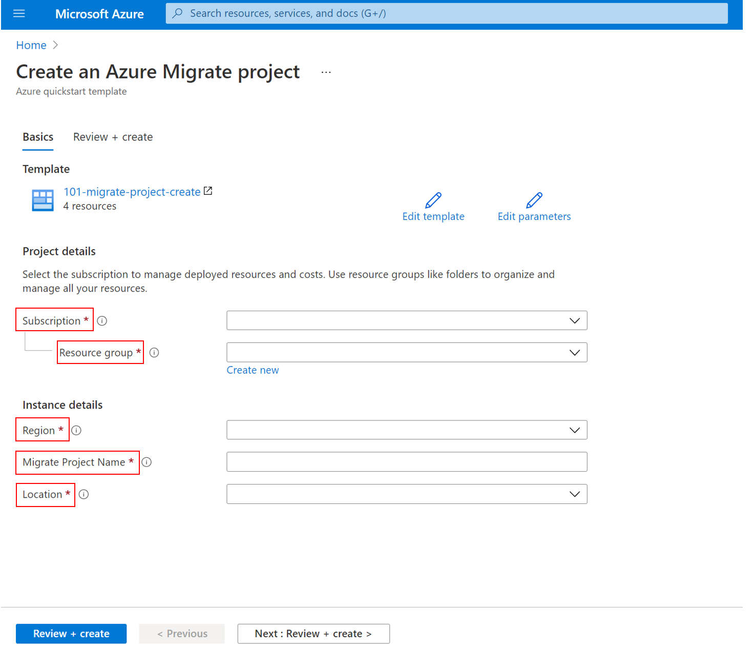 Template to create an Azure Migrate project.