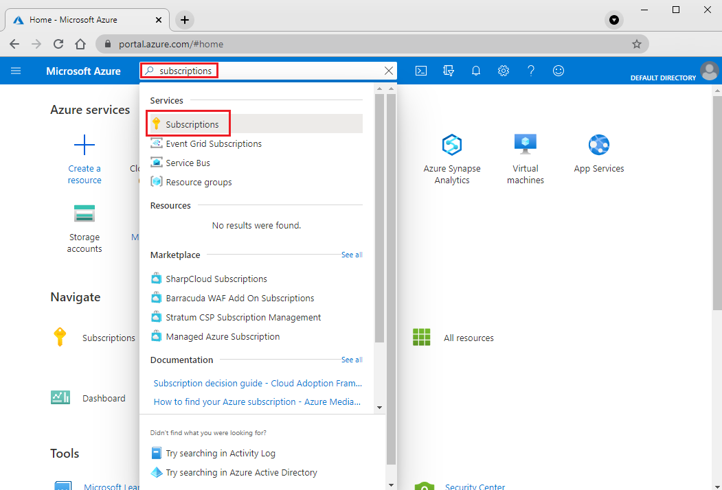 Screenshot that shows how to search for an Azure subscription in the search box.
