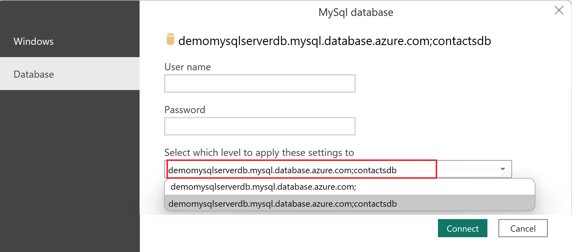 Screenshot of entering credentials to connect with Azure Database for MySQL flexible server database.