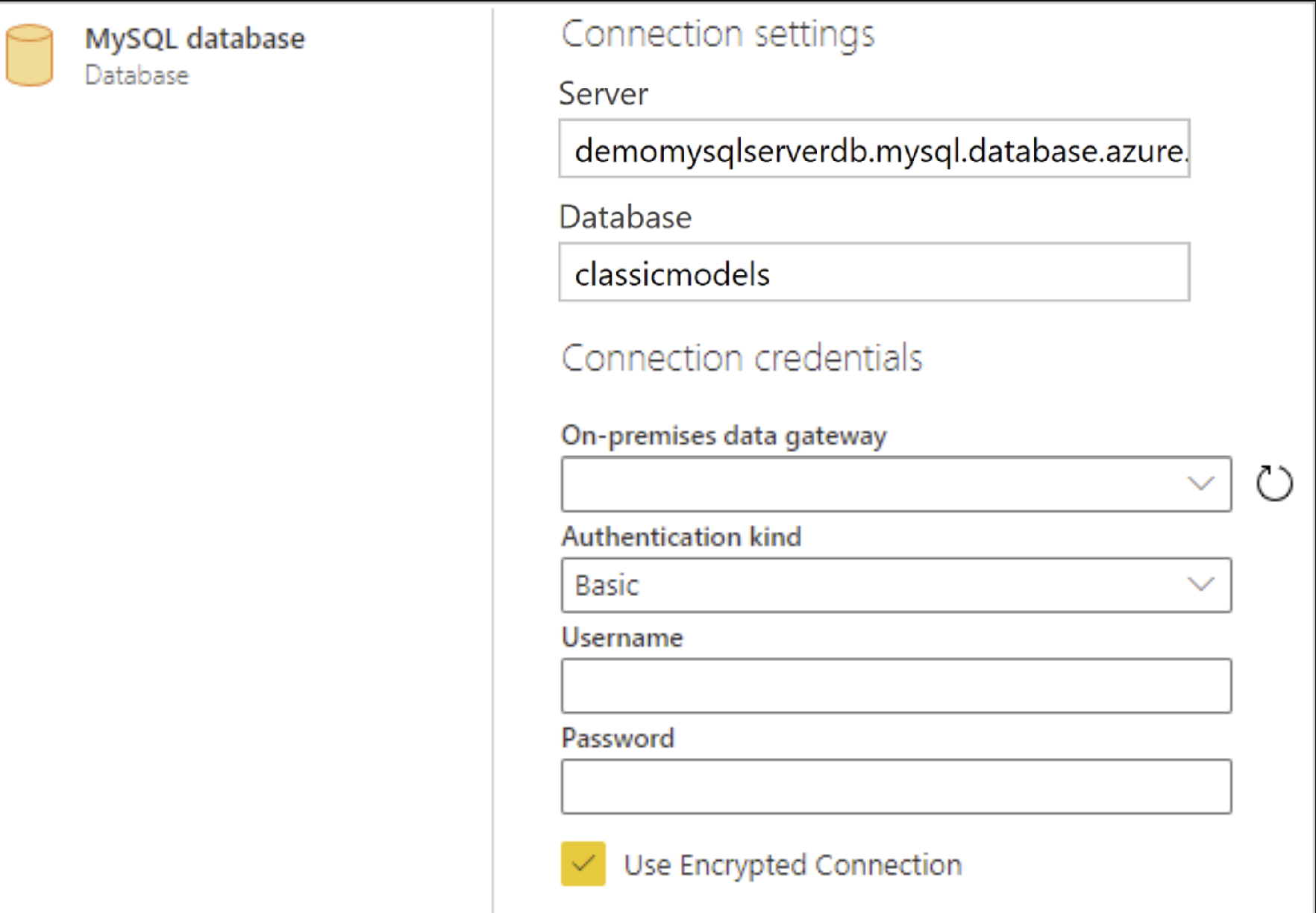 Screenshot of MySQL connection with power query online.