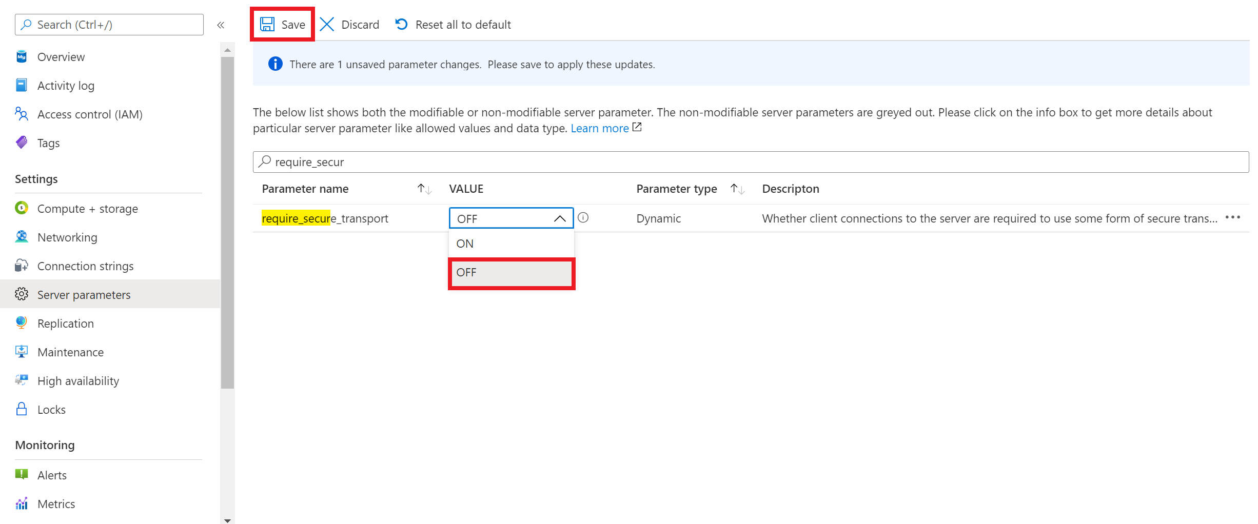 Screenshot showing how to disable SSL with Azure Database for MySQL flexible server.