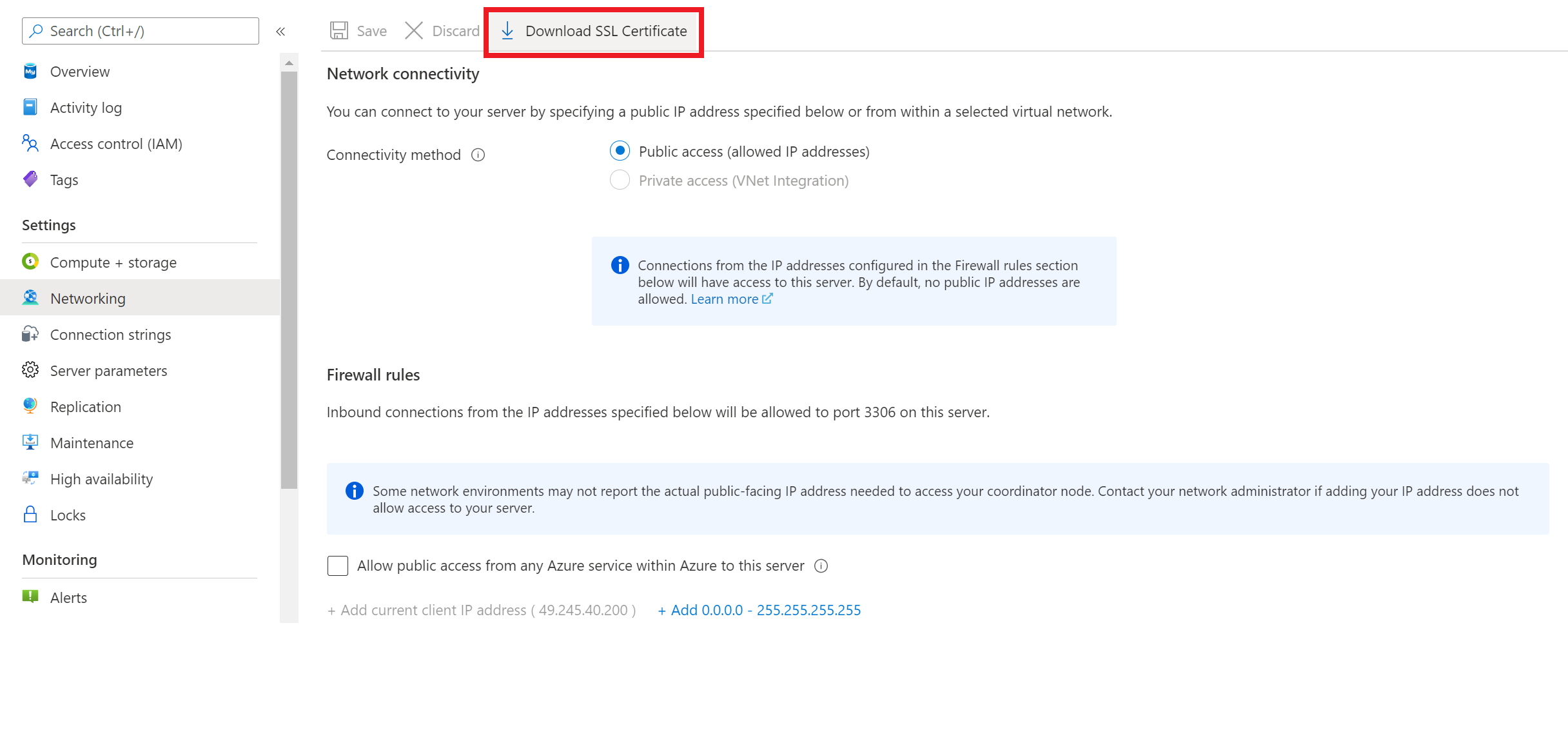 Screenshot showing how to download public SSL certificate from Azure portal.