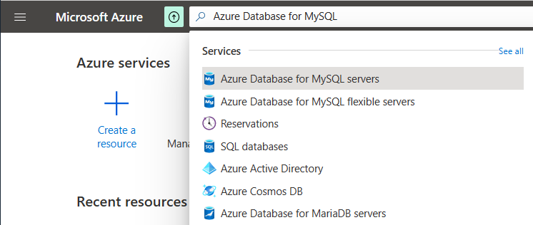 Screenshot that shows how to search and select Azure Database for MySQL on Azure portal.