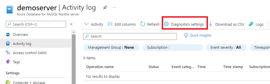 Screenshot showing the 'Diagnostics settings' tab on the Azure Monitor 'Activity log' pane.