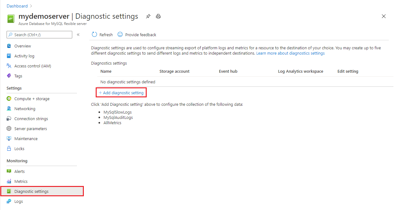 Screenshot of the 'Add diagnostic setting' link on the 'Diagnostic settings' pane.