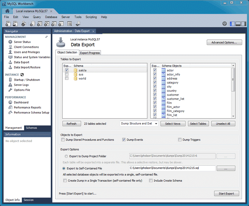 Screenshot of using the Navigator pane to display the Data Export pane in MySQL Workbench.