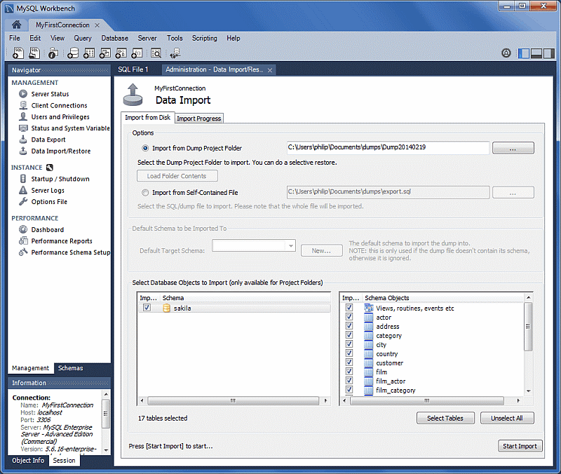 Screenshot of using the Navigator pane to display the Data Import pane in MySQL Workbench.