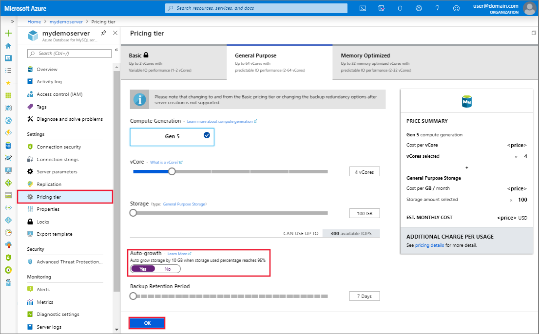 Azure Database for MySQL - Settings_Pricing_tier - Auto-growth