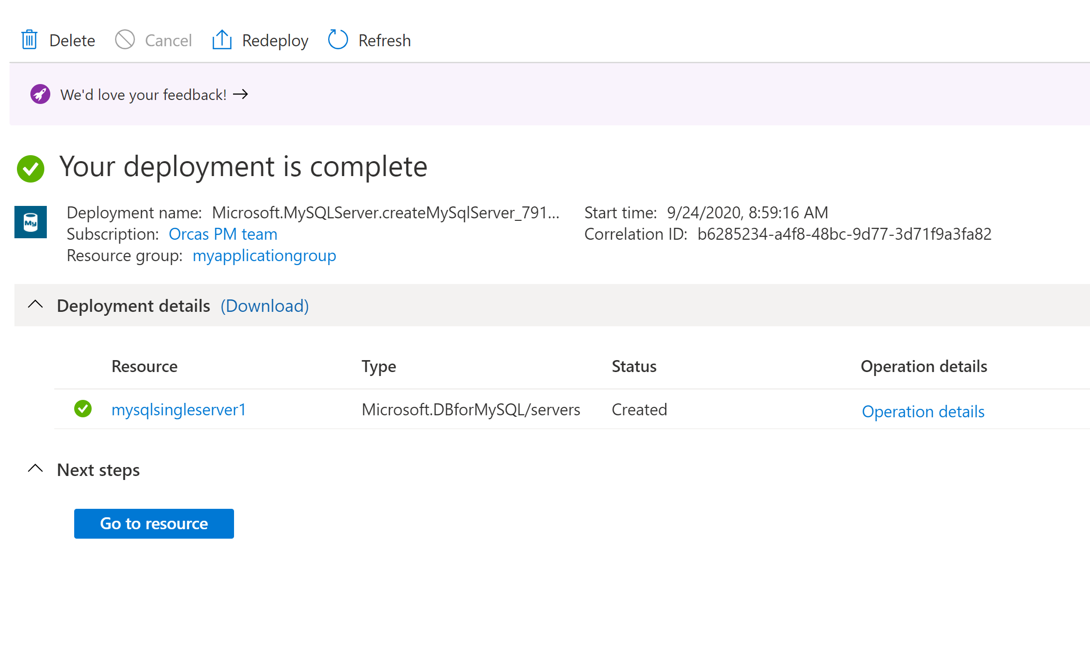 Screenshot that shows the Your deployment is complete message.
