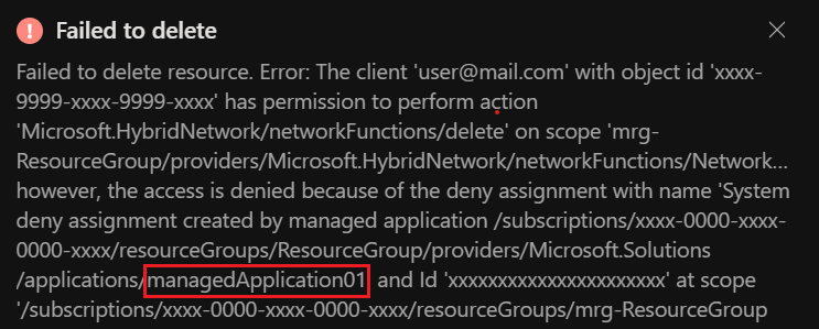 Screenshot that shows an error for failure to delete a resource.