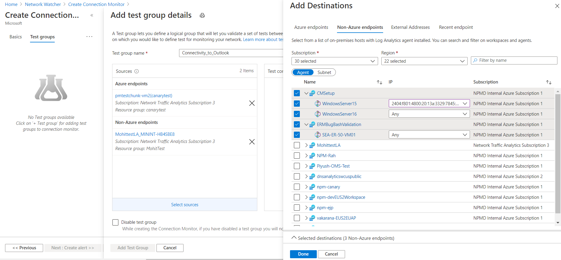 Screenshot that shows the 'Add Destinations' pane and the 'Non-Azure endpoints' pane.