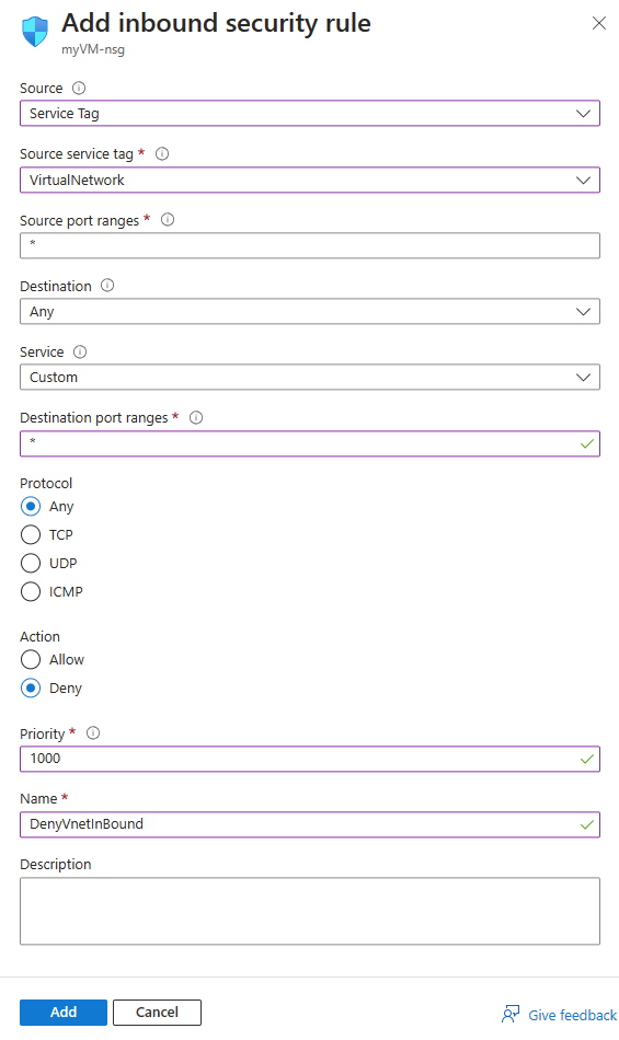 Screenshot shows how to add an inbound security rule to the network security group in the Azure portal.