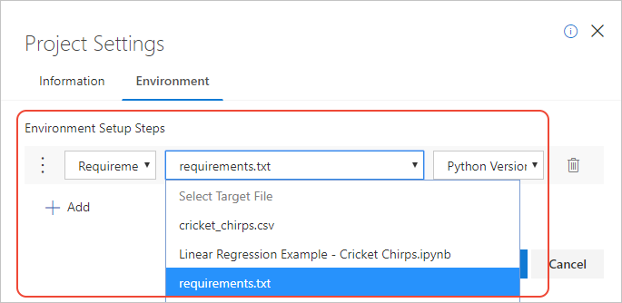 The Project Settings Environment tab specifying a requirements.txt file