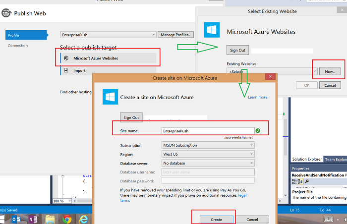Screenshot showing the workflow to create a site on Azure.