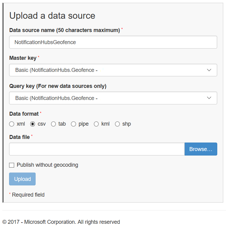 Screenshot of the Upload a data source dialog box.