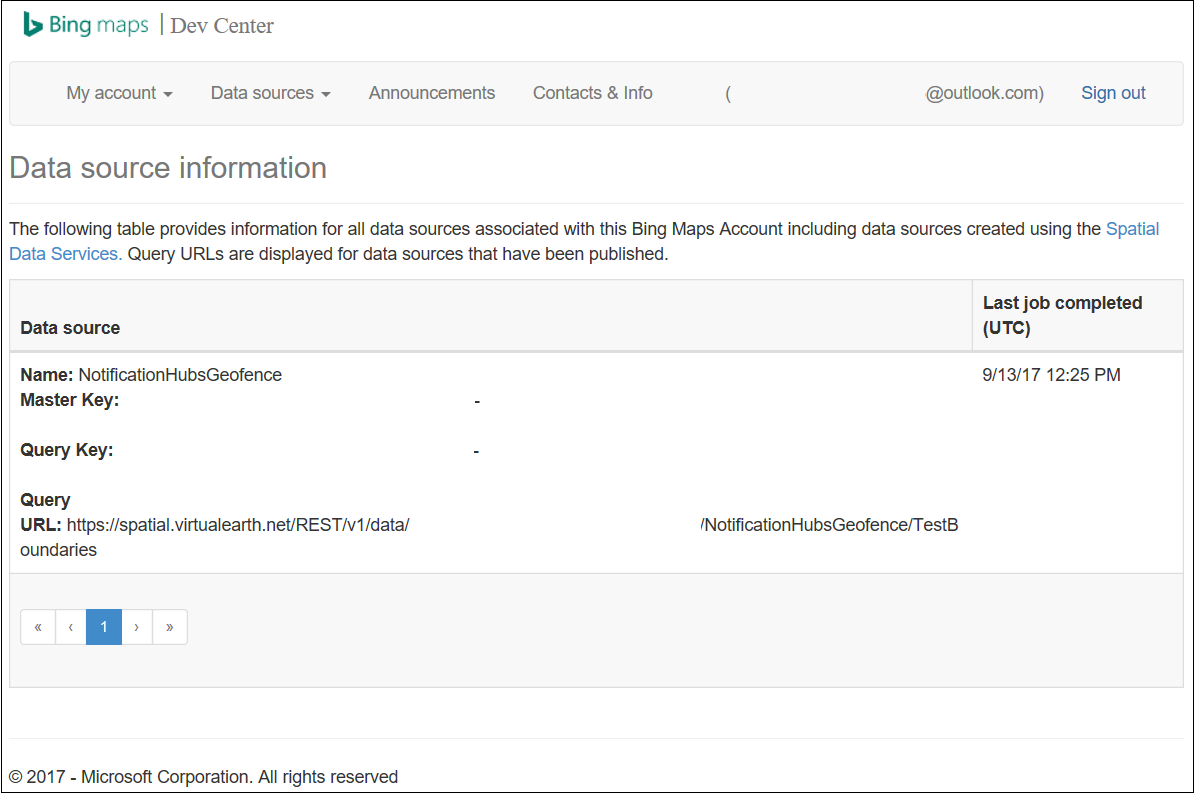 Screenshot of Bing Maps Dev Center on the Data source information page.