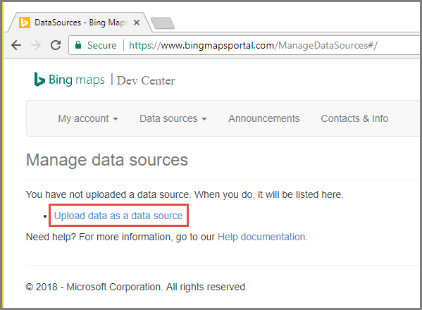 Screenshot of Bing Maps Dev Center on the Manage Data Sources page with the Upload data as a data source option outlined in red.