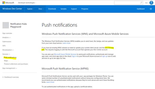 Screenshot of Windows Dev Center displaying the Push notifications page with Live Services site highlighted.
