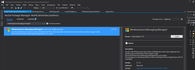 Screenshot of the Manage Nuget Packages dialog box with the WindowsAzure.Messaging.Managed package highlighted.