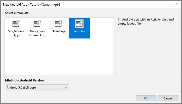 Screenshot that highlights the Blank App template.