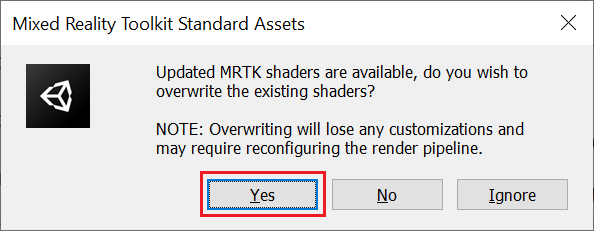 Screenshot shows the Mixed Reality Toolkit Standard Assets dialog.