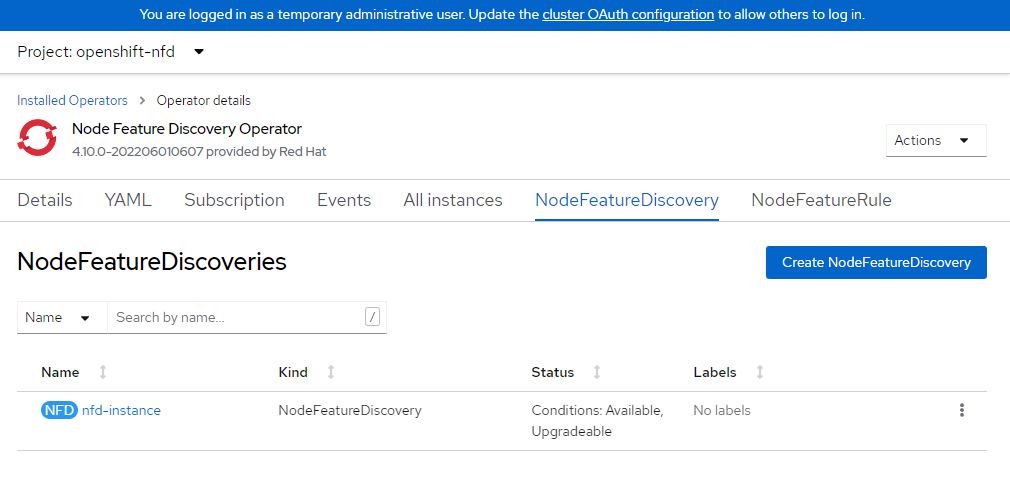 Screenshot of node feature discovery operator.
