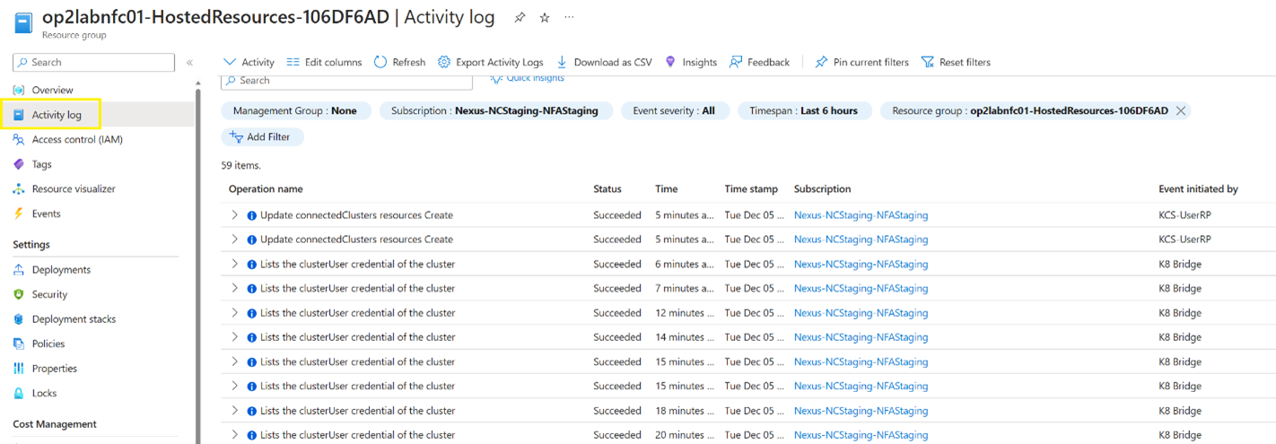 A screenshot of the Azure portal displaying the 'Activity log' for the resource group.