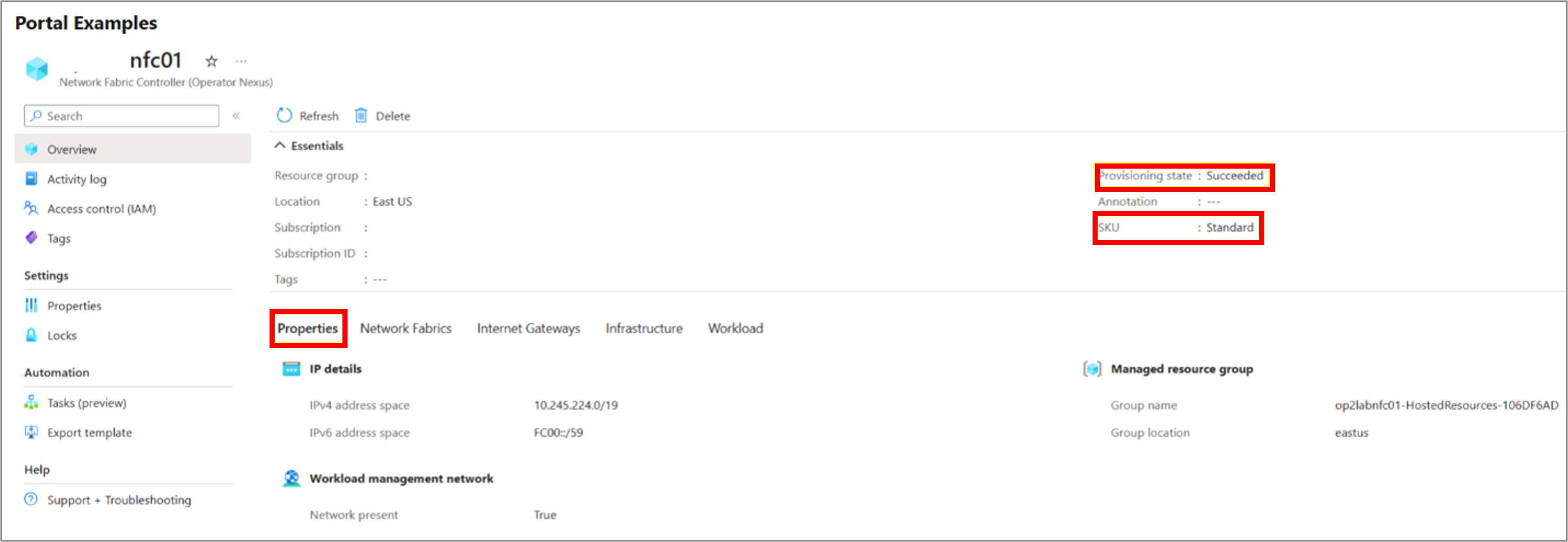 A screenshot of the Azure portal interface showing the overview of a Network Fabric Controller.