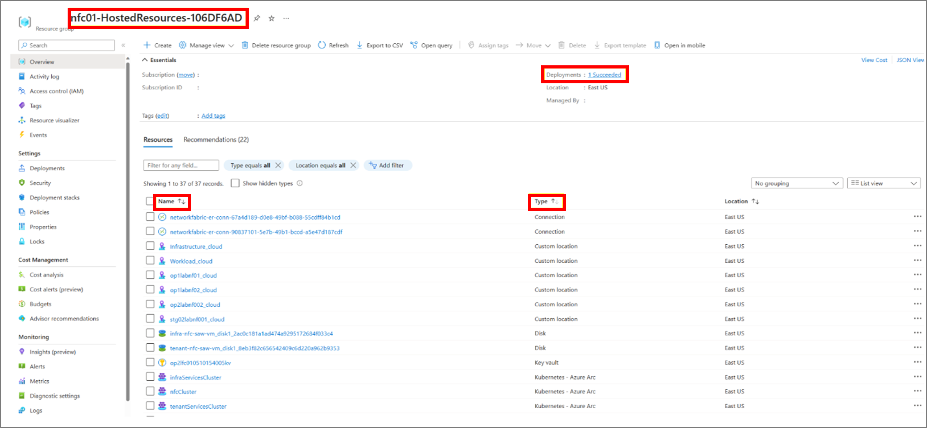 A screenshot from the Azure portal showing a successful deployment in the East US location.