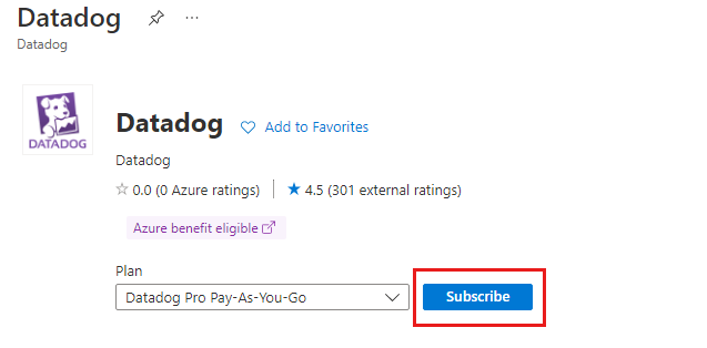 Screenshot of the Datadog application in Azure Marketplace.