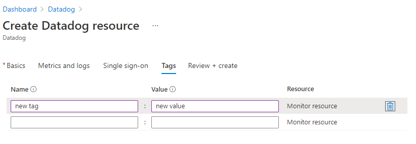 Screenshot of the add custom tags for the Datadog resource.