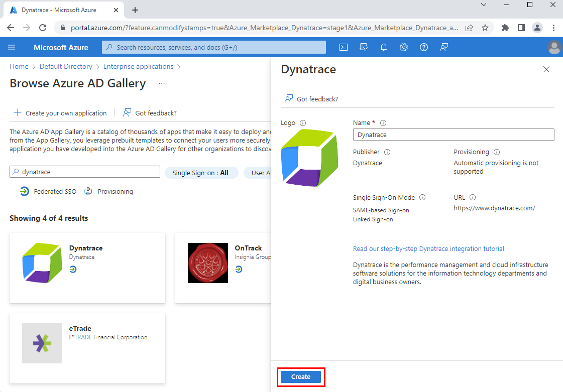 Screenshot of the Dynatrace service in the Marketplace gallery.