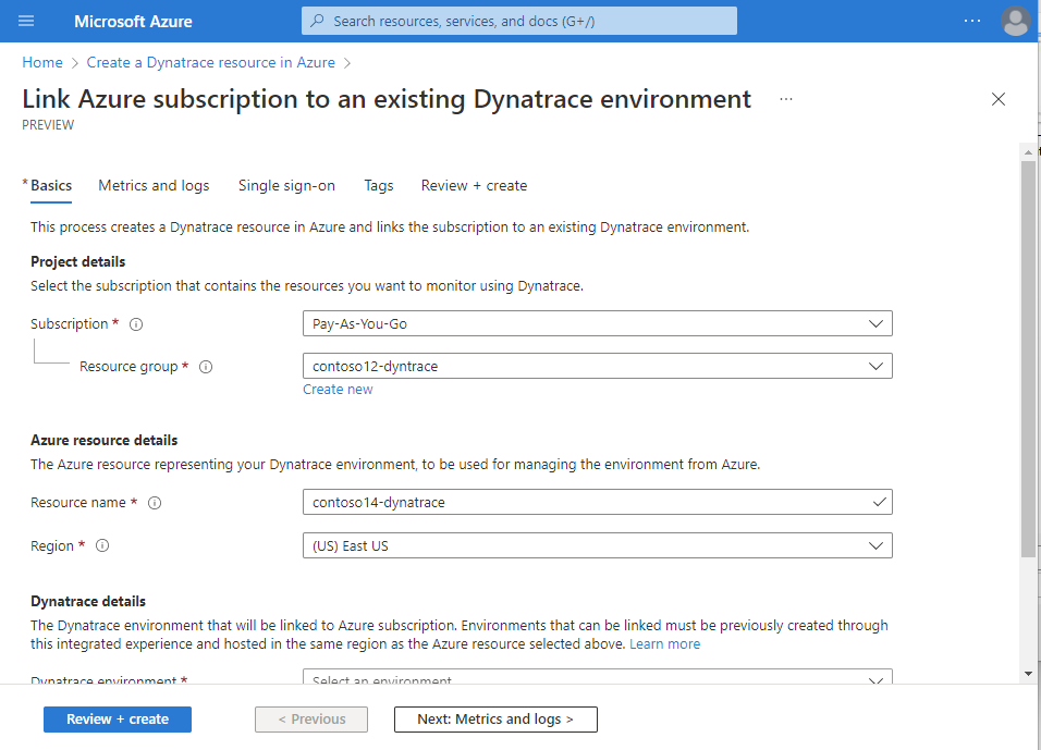 Screenshot where creating a link to an existing Dynatrace environment is highlighted.