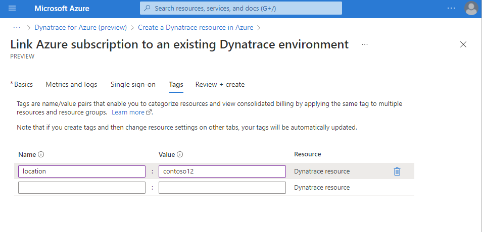 Screenshot showing list of tags for a Dynatrace resource.