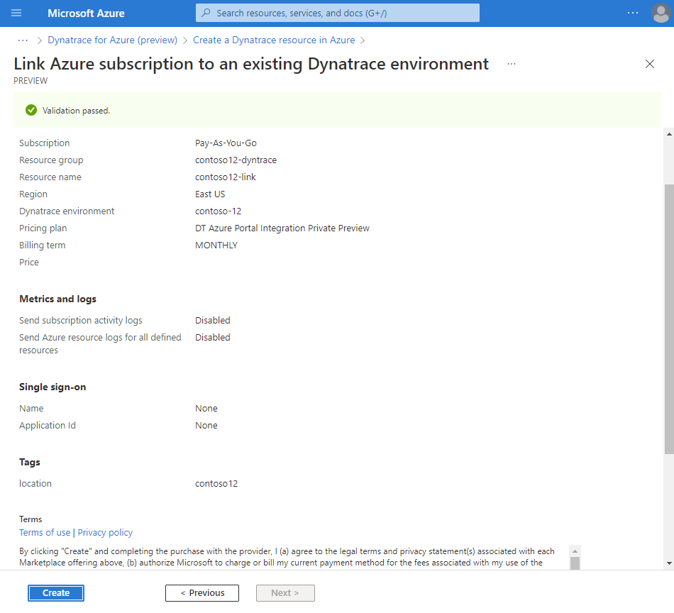 Screenshot showing form to review and create a link to a Dynatrace environment.