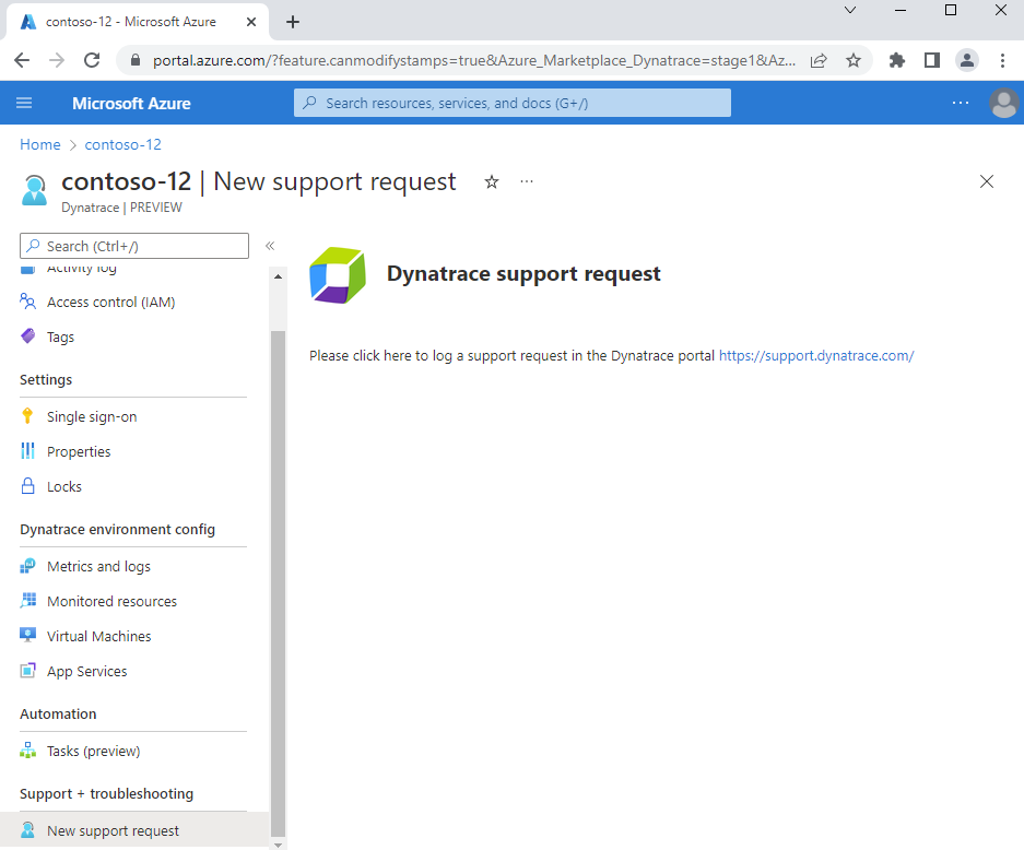 Screenshot showing new support request selected in resource menu.