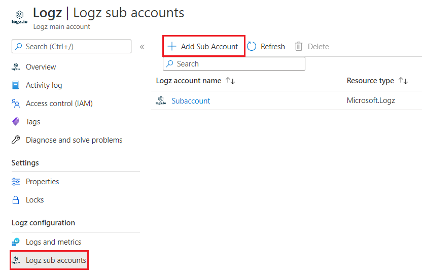 Create a Logz.io sub account from Logz configuration.