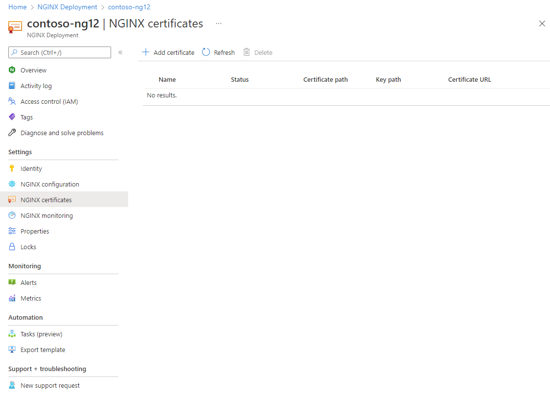 Screenshot of NGINXaaS certificate uploading.