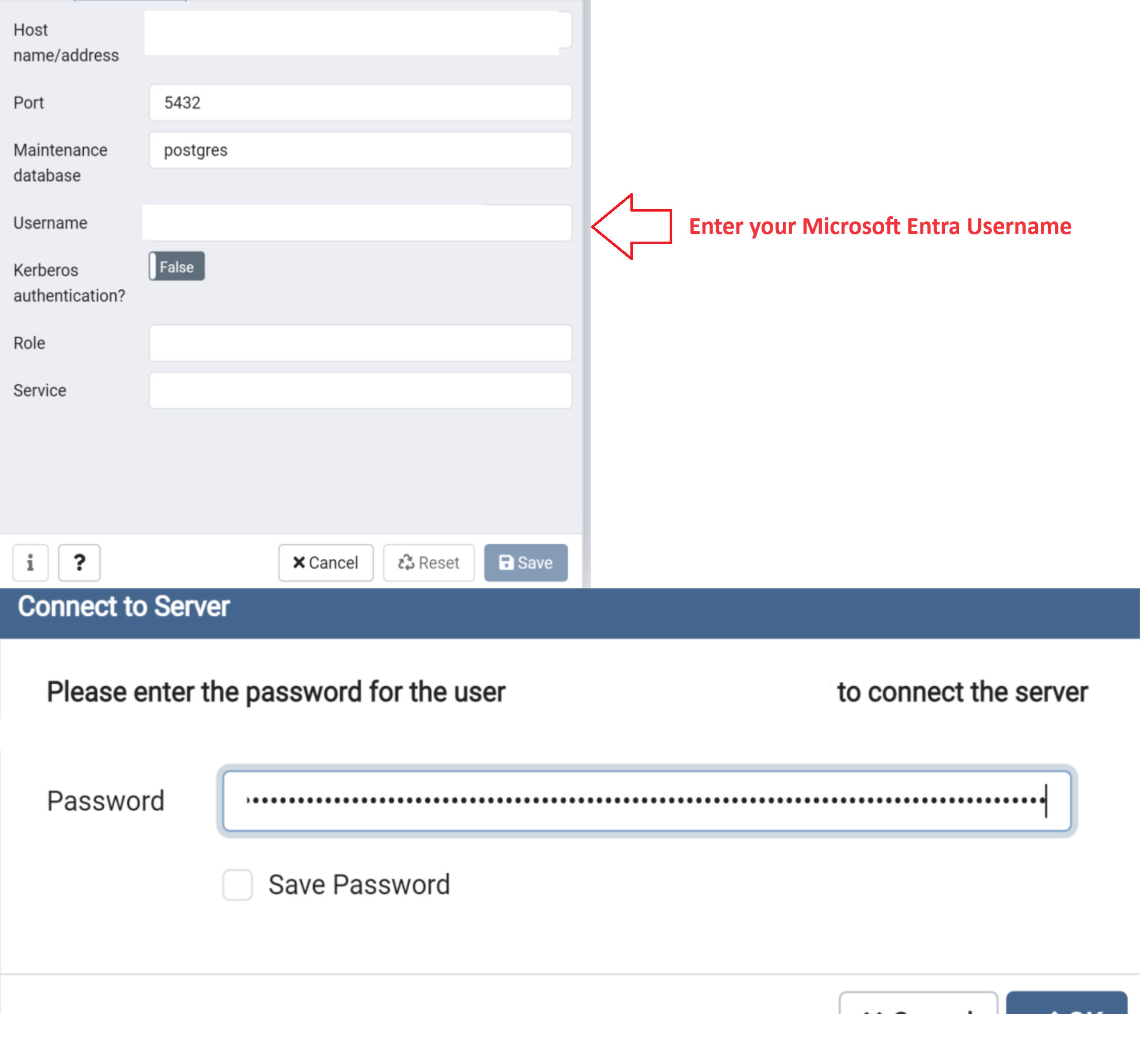 Screenshot that shows login process using PG admin.