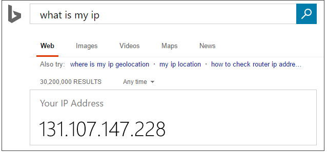 Screenshot of Bing search for What is my IP.
