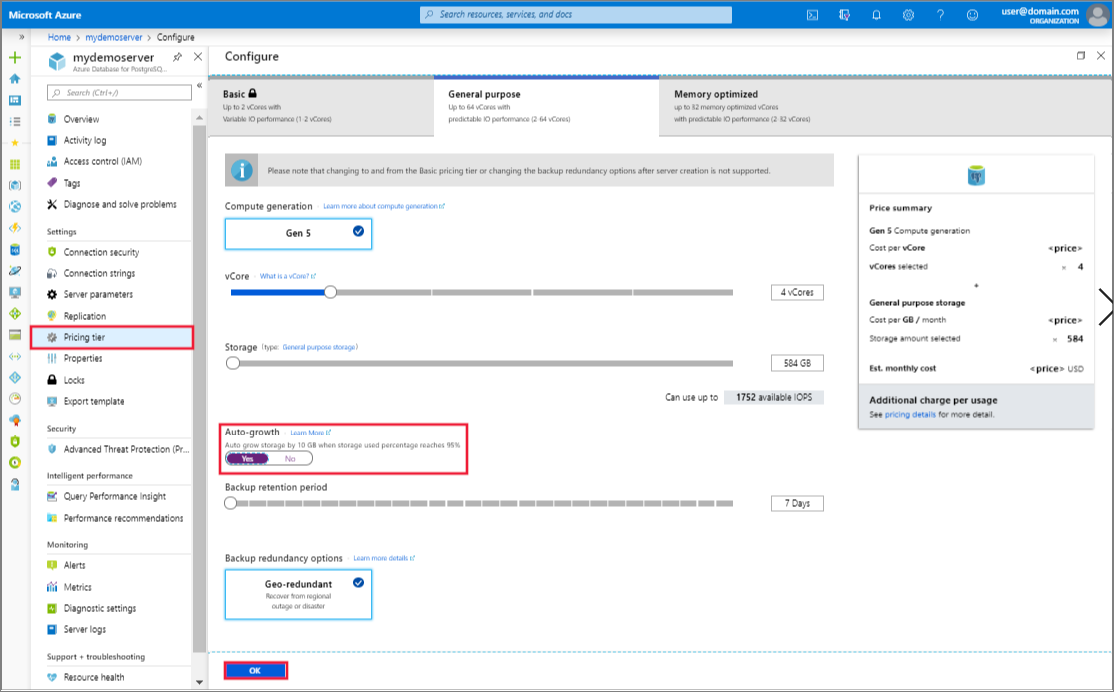 Azure Database for PostgreSQL - Settings_Pricing_tier - Auto-growth