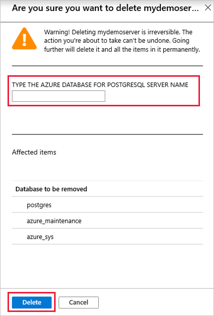 Screenshot of Azure portal to confirm the server delete in Azure Database for PostgreSQL