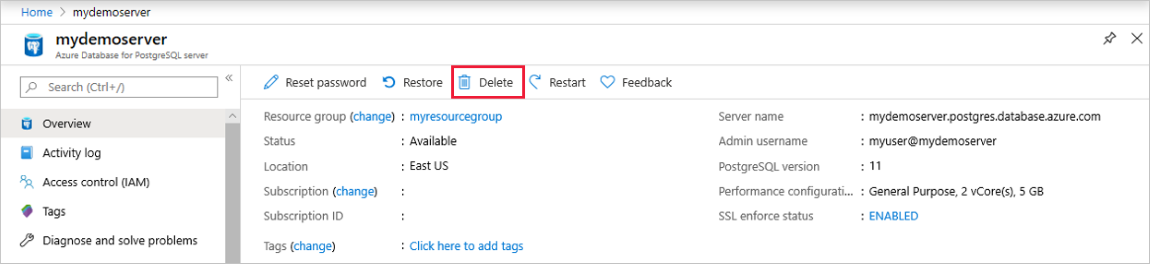 Screenshot of Azure portal to Delete the server in Azure Database for PostgreSQL