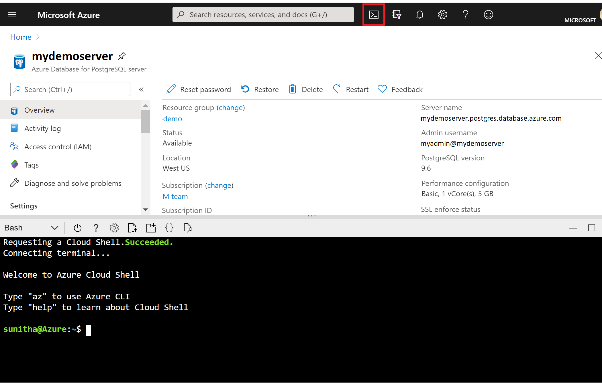Screenshot that shows server information and the icon for opening Azure Cloud Shell.