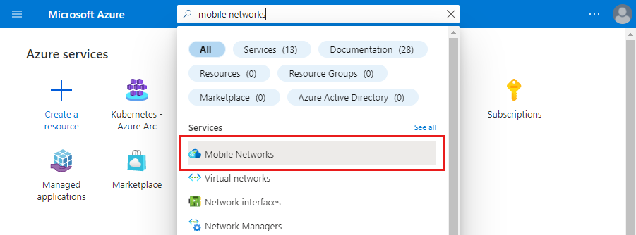 Screenshot of the Azure portal showing a search for the Mobile Networks service.