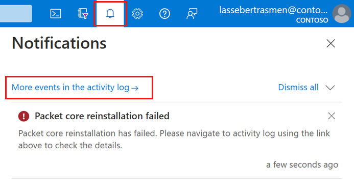 Screenshot of the Azure portal showing the reinstall packet core status in the Notifications screen.
